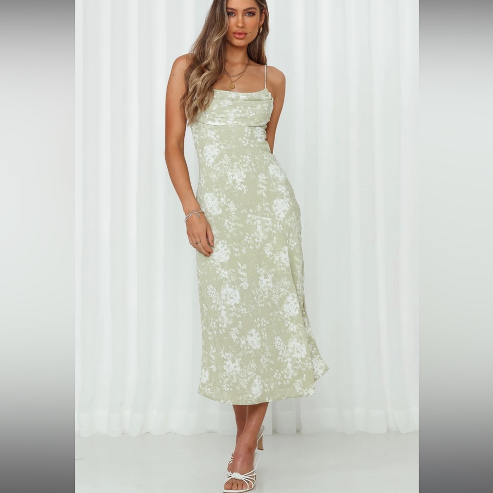 Saints + Secrets Cowl Neck Side Slit Slip Midi Dress